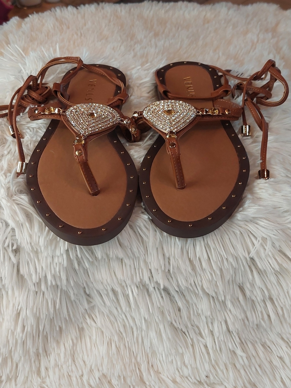 VENUS Rhinestone Gladiator Lace Up Flat Sandals Brown NWOB Size9